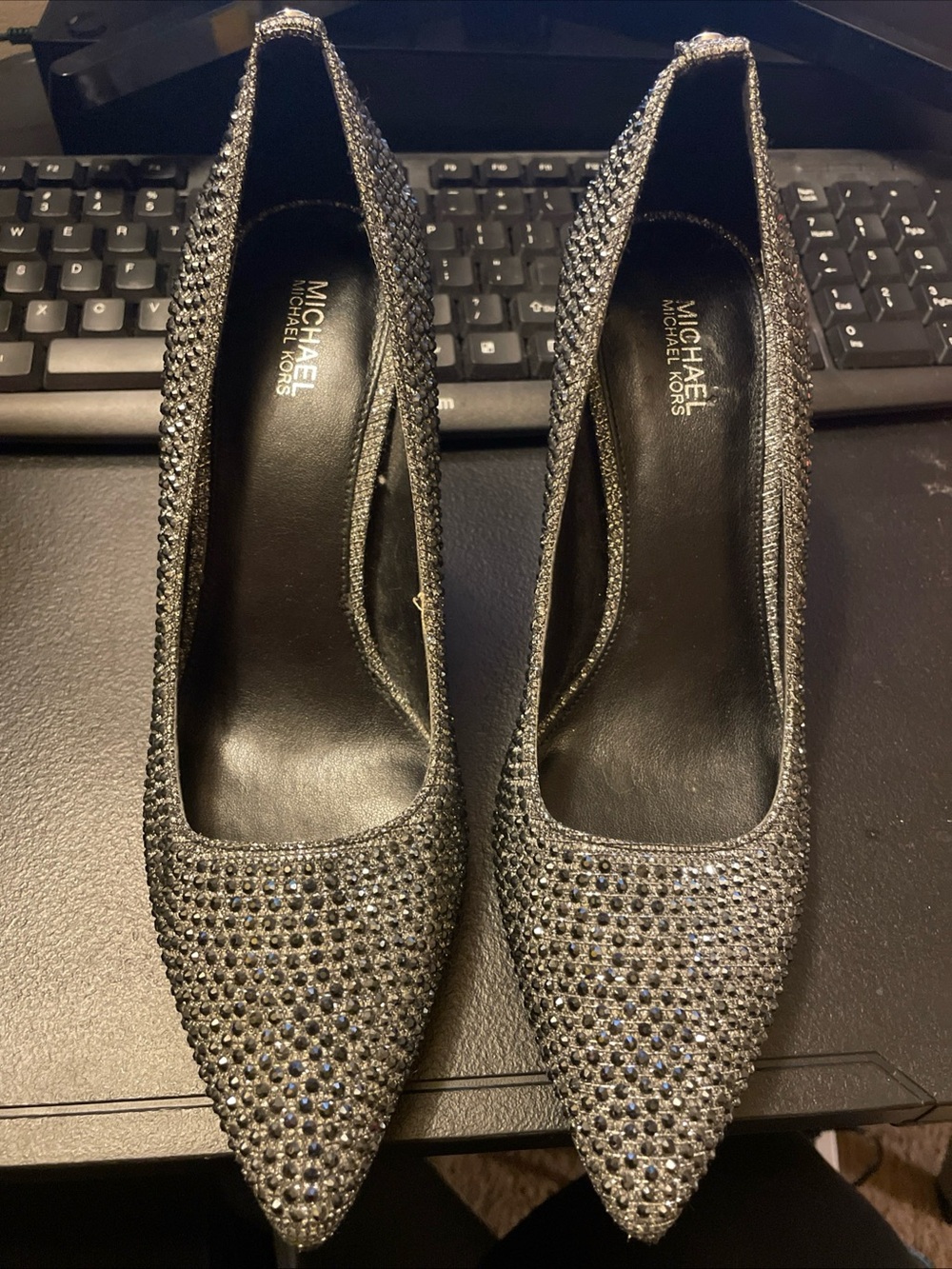 Michael Kors Silver & Gray Crystal Embellished Pointed Pumps